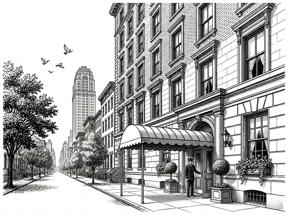 A New York prewar residential apartment building at street level. A uniformed doorman stands beneath a canvas awning; topiaries in stone planters flank the entrance and a window box spills ivy. A tree-lined sidewalk leads south past lower walk-ups toward a tall residential tower in the distance. Three birds wheel through the sky overhead. Pen-and-ink engraving.