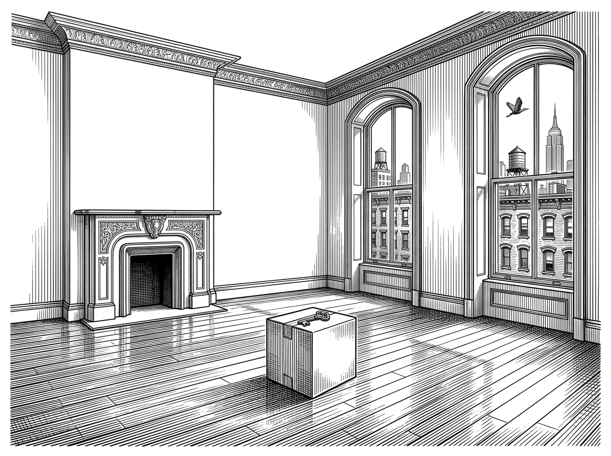 An empty, freshly prepared New York apartment interior with tall arched windows looking out onto a brownstone block. A single moving box with a key on top sits in the center of a polished hardwood floor. Pen-and-ink engraving.
