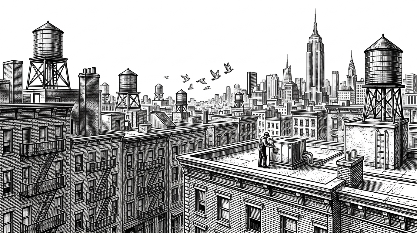 A New York rooftop view across a residential block — water towers, fire escapes, chimneys, and a small silhouetted tradesperson tending to mechanical equipment on a flat rooftop, with the Manhattan skyline rising in the distance. Pen-and-ink engraving.