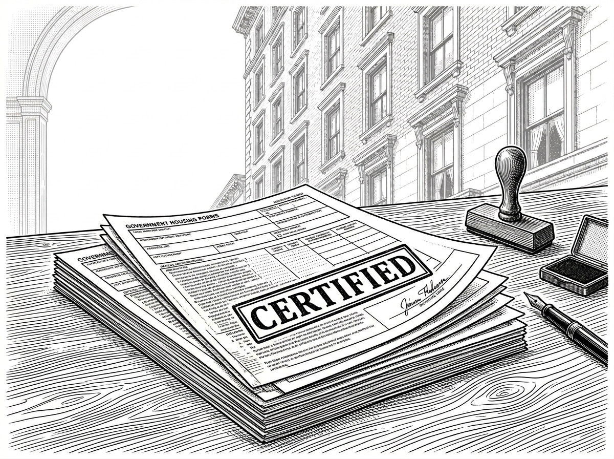 A pen-and-ink engraving of a desk bearing a stack of government affordable-housing recertification forms; the top form is stamped CERTIFIED and signed, with a rubber stamp, ink pad, and fountain pen beside it, and a New York prewar apartment building seen through an arched window behind.