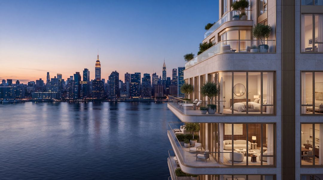 Limestone tower at blue hour over the East River